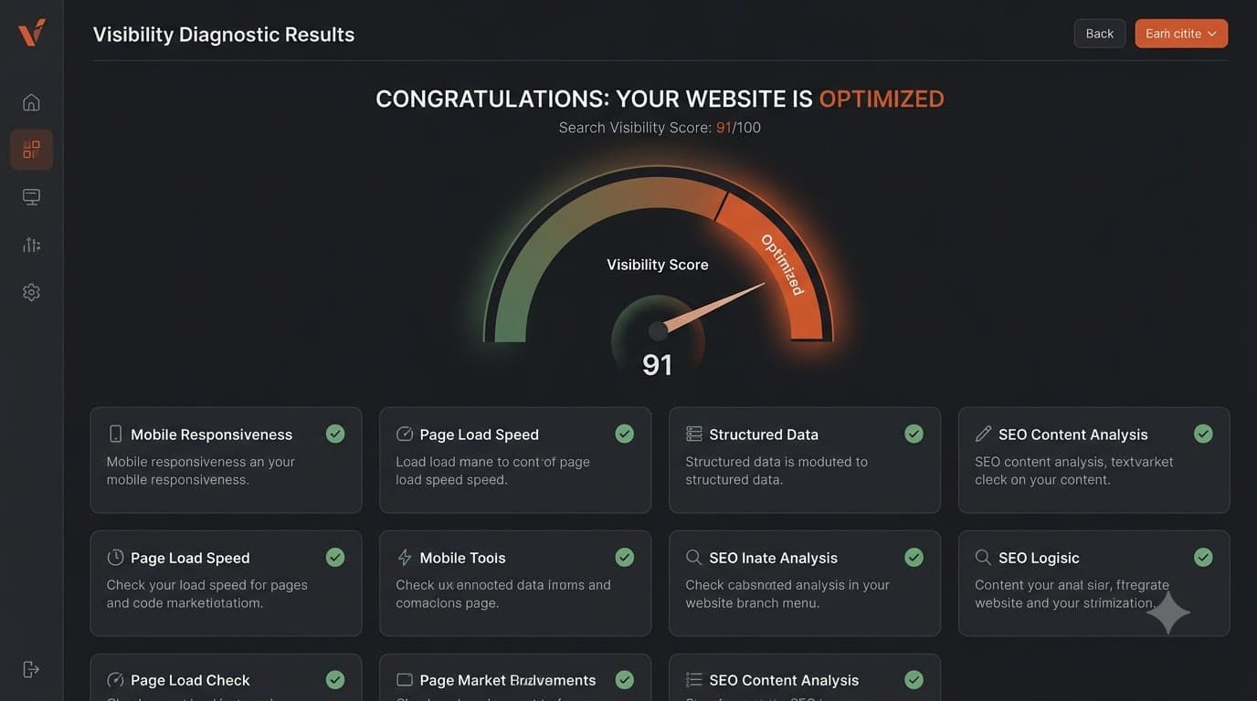 Voxcites visibility diagnostic dashboard showing score, checks, and optimization status